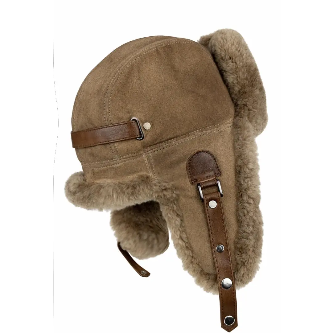 Unisex Premium Handmade Shearling Trapper Hat - Genuine Sheepskin Fur Ushanka Hats, Natural Fur Lined, Camel Suede Leather