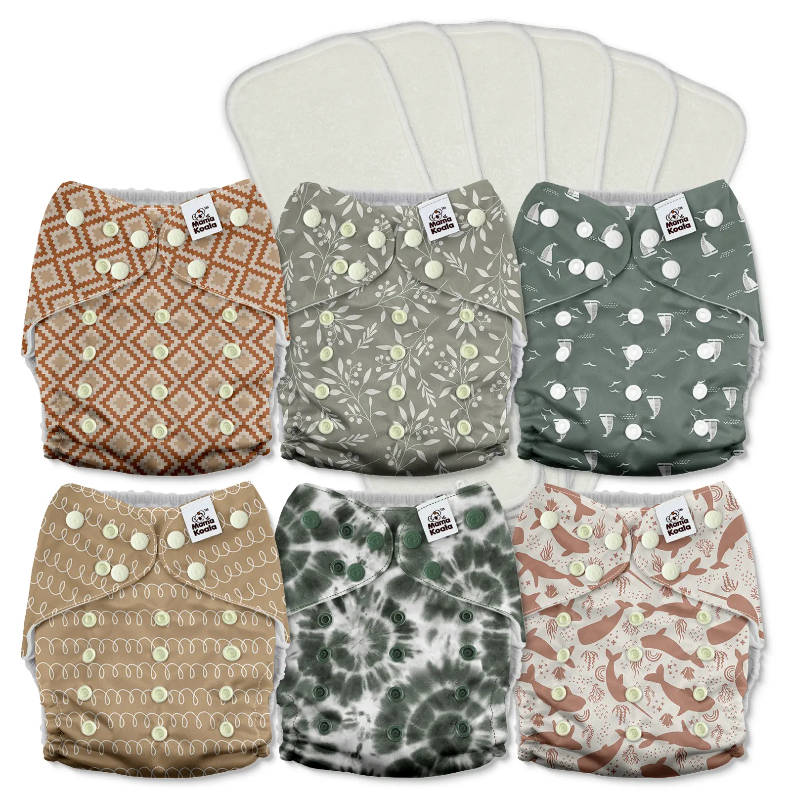 Mama Koala 3.0 Unisex 1-Size-Fit Pocket Cloth Diapers for Babies, AWJ Lining, Printed Panels, Snap Closure, 6-Pack with 6 4-Layer Natural Cloth Diaper Inserts - Reusable Washable (3A0026), One-Size-Fit