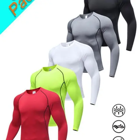 Set of 5 men's long-sleeved athletic tops, including compression shirt styles.  Features a solid color, slim-fit design, and stretchy fabric for excellent flexibility. Made from quick-drying, breathable polyester material, suitable for indoor fitness