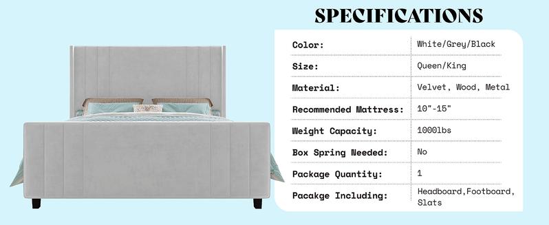 AMERLIFE Upholstered Bed with Vertical Channel Tufted Wingback Headboard & Footboard, Premium Velvet,No Box Spring Needed/Cool Furniture Bedroom/Queen/King Size/Best Gift Ideas/Christmas Gifts