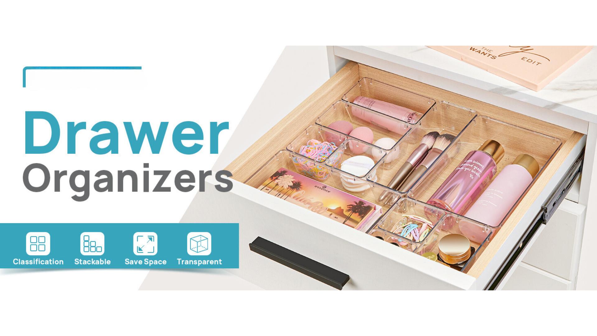 PLL 25 PCS Clear Plastic Drawer Organizers Set, 4-Size Versatile Bathroom and Vanity Drawer Organizer Trays, Storage Bins for Makeup Boxes PLL 25 PCS Clear Plastic Drawer Organizers Set, 4-Size Versatile Bathroom and Vanity Drawer Organizer Trays, Storage Bins for Makeup Boxes