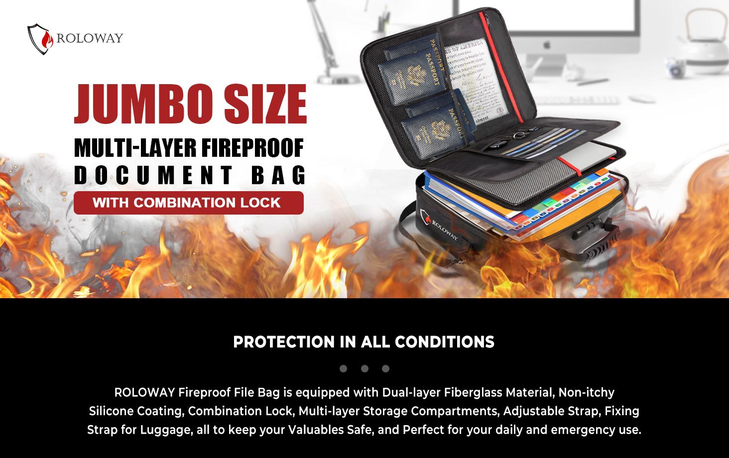 ROLOWAY Fireproof Document Bag with Lock (17 x 11.8 x 5 inch)(Black) electric safe