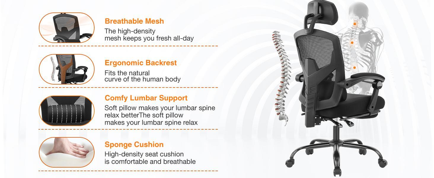 Ergonomic Office Chair with Foot Rest and Adjustable Headrest, Mesh Swivel Rolling Task Chair, Height Adjustable, Office Gifts