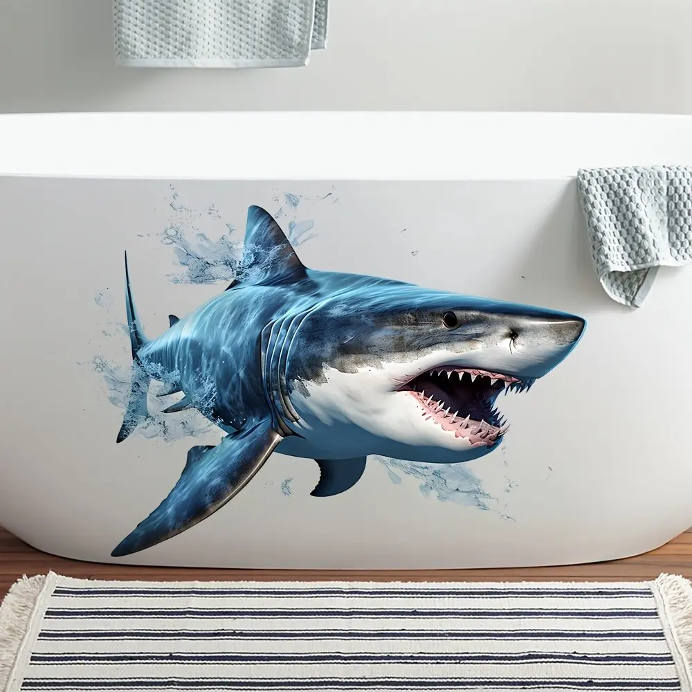 Shark Splash Bathroom Wall Sticker, Realistic Underwater Theme Decorative Decal, Self-Adhesive Removable Bath Wall Decor, Bold Adventure Style, Shower Decals