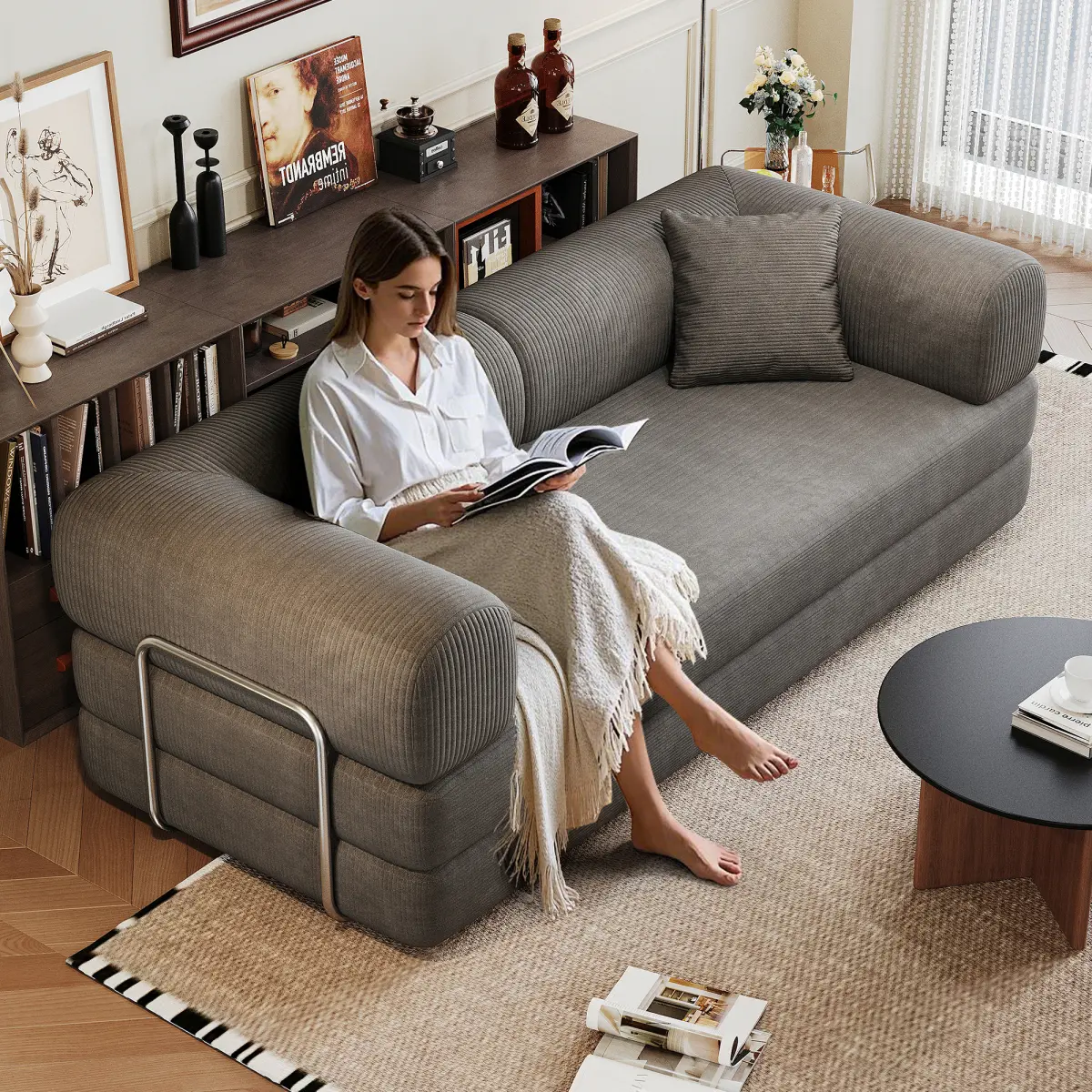 [Bellemave]78.8" Compression Sofa,Convertible Floor Sofa Bed-with Pillow Back Support Armrest,Comfy Futon Couch Sleeper Bed,Loveseats Boneless Modular Sectional Sofa,Corduroy fabric,for Living Room,Bedroom,Grey