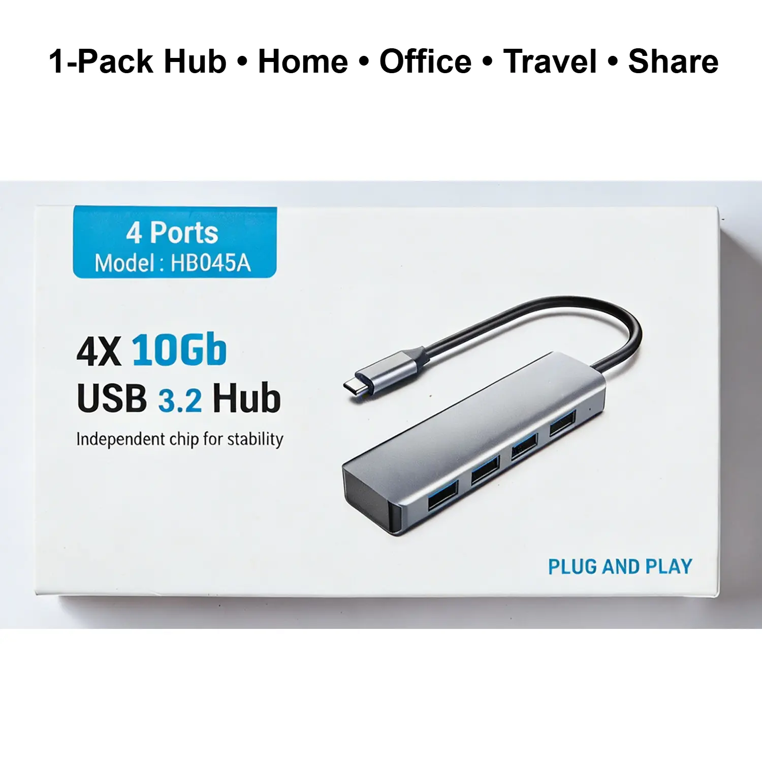 Amazon-branded USB 3.2 Hub, 10Gbps USB Adapter Hub with 4 USB 3.2 Ports and 7.8-inch Cable, Compatible with MacBook Pro/Air, iPad Pro/Air, Surface Go, XPS, Pixelbook, and Other Type-C Devices