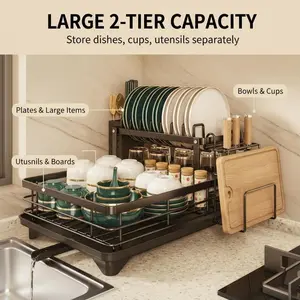 Black 2-Tier Dish Drying Rack for Kitchen Counter, Large Capacity Rustproof Steel Organizer with Drainboard, Utensil Holder, Cup Holder & Cutting Board Slot, wine glass stainless dish drainer, potrack, holodays deals, fork knife space-saving solution