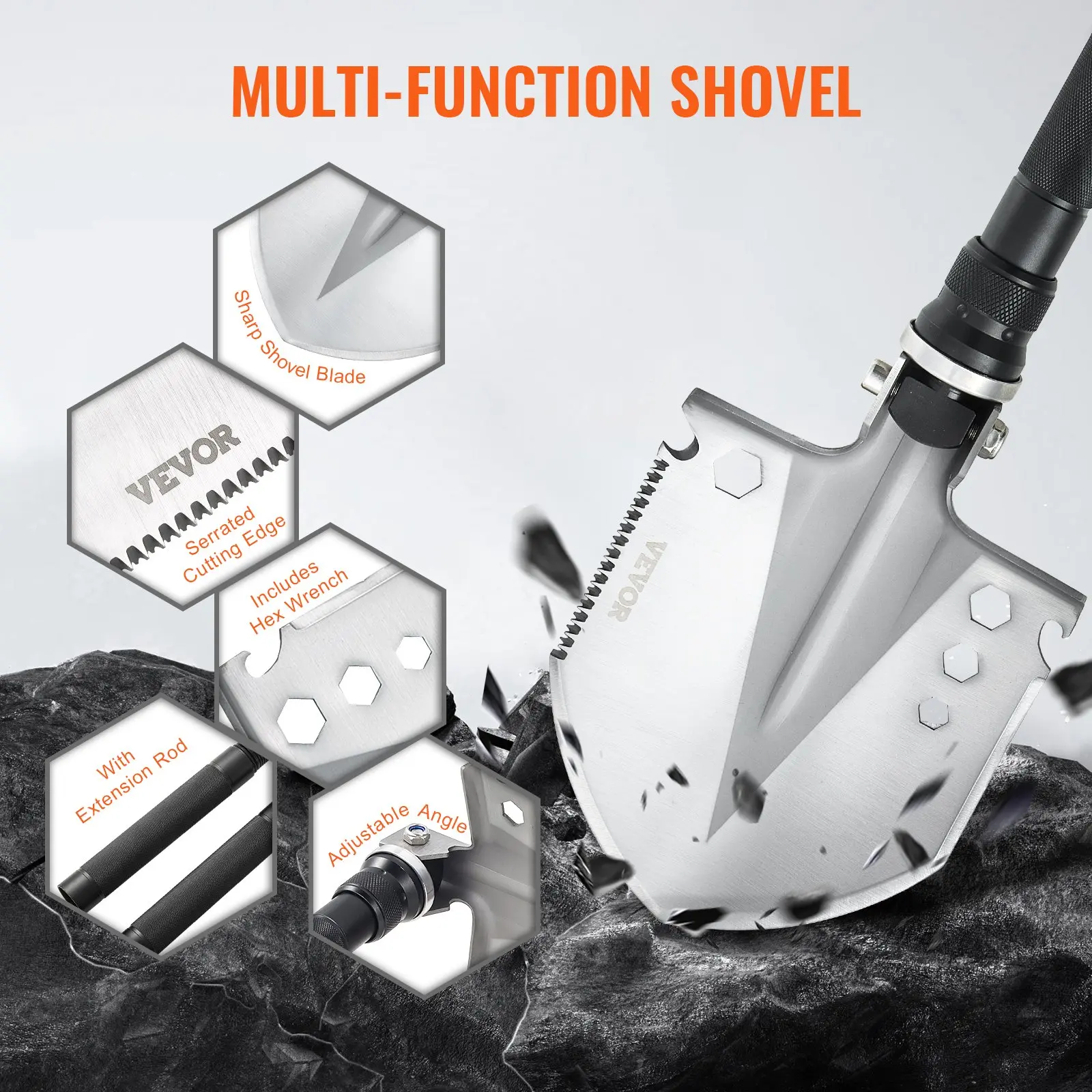 VEVOR 13-in-1 Pocket Folding Camping Shovel Portable Multi-Tool, Emergency Survival Kit with Compass, Whistle, Glass Breaker & Extension Rods, Durable Multi-Purpose Pocket Carry Tool for Camping (Father's Day Gift), Portable Multi-Tool Multitools