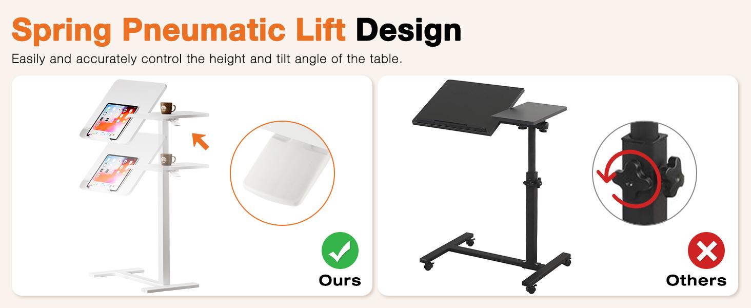 Overbed Bedside Table with Wheels, Mobile Standing Stand Up Rolling Laptop PC, Adjustable Height Tray, Side Computer Workstation for Home Use