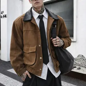 Color-block workwear jacket for couples, American-style cropped bomber with a faux suede finish, black leather collar panel, three-dimensional pockets, and reinforced stitching—soft yet durable, suitable for everyday commuting and checking off trendy stor