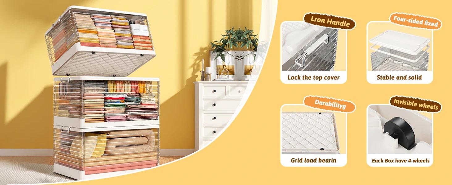 RaybeeFurniture Plastic Storage Bins with Lid, 1/2/3/4/5 Packs Collapsible Clear Storage Bins with Wheels, Stackable for Home Office, Kitchen&Outdoor Use