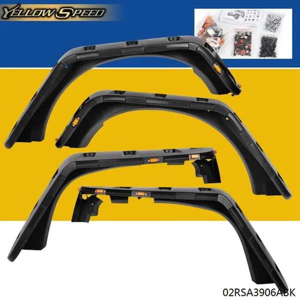 ALLGOOD 4pcs Pocket Style Painted Polypropylene Fender Flares with Smooth Black Surface & LED Yellow Side Lights for 2007-2018 Jeep Wrangler JK - Vehicle Exterior Mud Flaps & Splash Guards Accessory, Scratch Cover, Flexible for Off-Roading, Led Lights