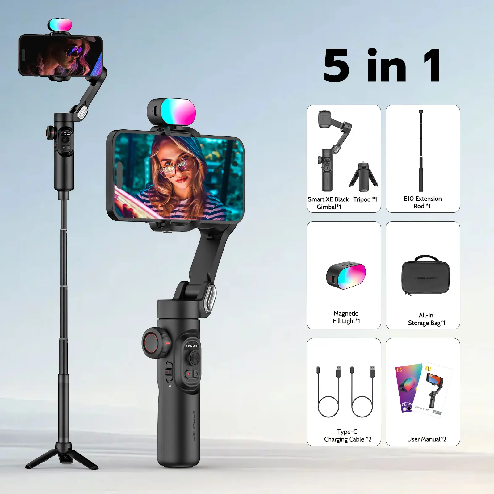 Aochuan Smart XE Combo 1 Professional Gimbal Mobile Phone Tripod Stabilizer Set - EU Type, ABS, Built-in Batteries, Advanced Anti-Shake, Long Battery Run, Multi-Scene Compatibility, for iPhone/Android, Vlogging, Selfie, Travel Gadgets