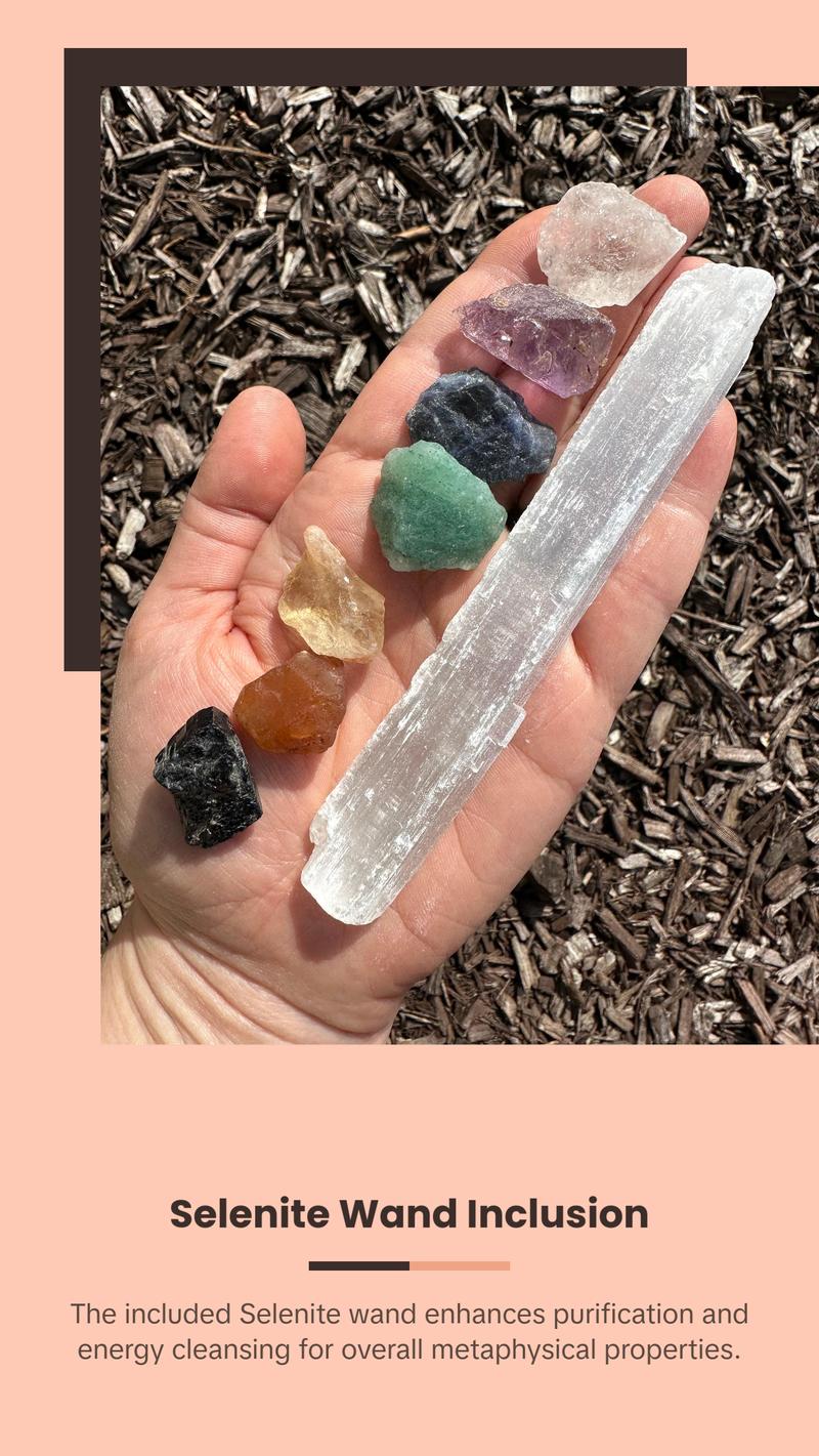 7 Chakra Crystal Set with Selenite Wand for Meditation and Healing