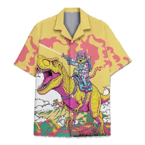 Astronaut Cat Riding Dinosaur Hawaiian Shirt Menswear, Funny Weirdcore Collared Button Shortsleeve Aloha Top, Casual Polyester Streetwear