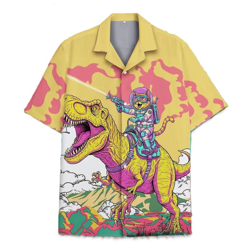 Astronaut Cat Riding Dinosaur Hawaiian Shirt Menswear, Funny Weirdcore Collared Button Shortsleeve Aloha Top, Casual Polyester Streetwear