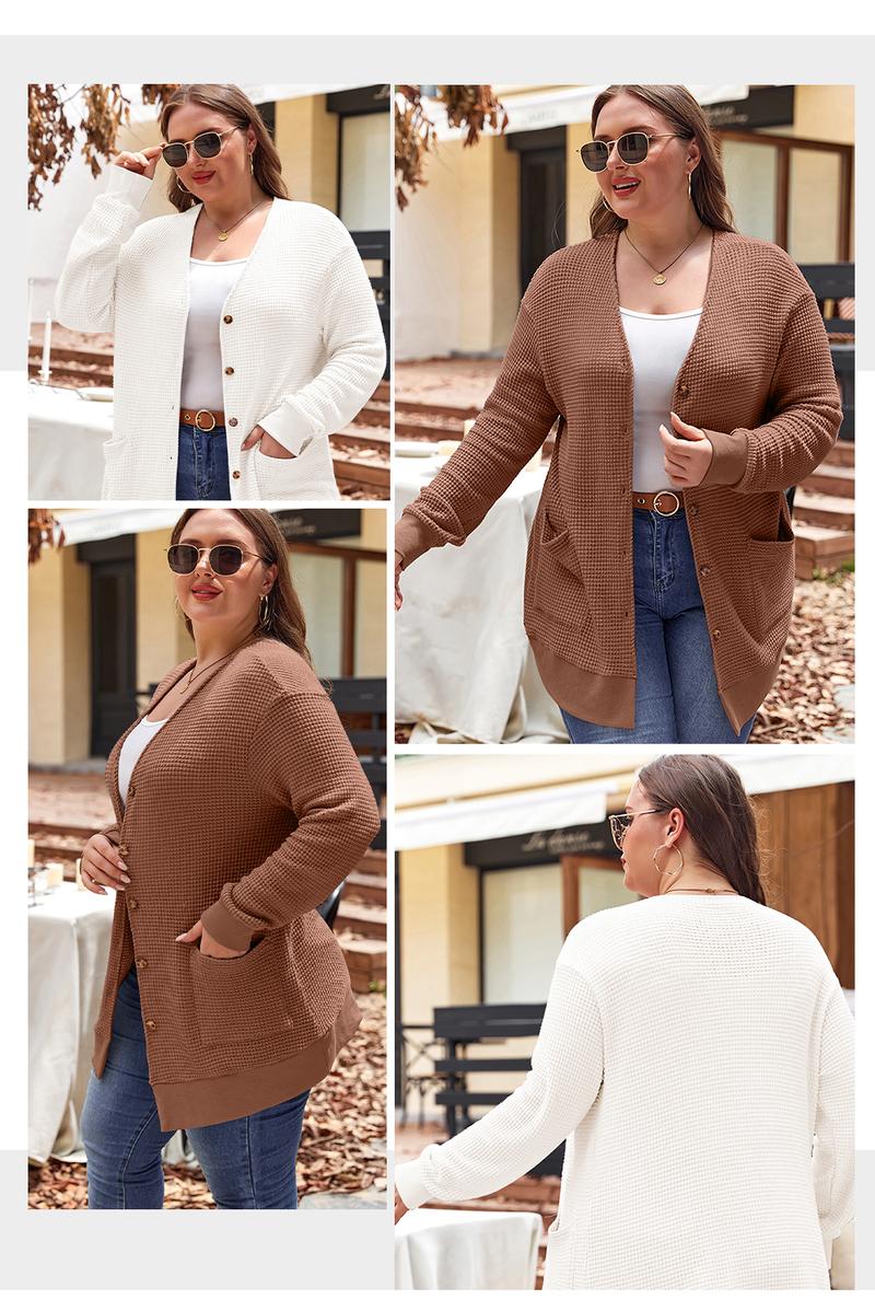 Aleumdr Women's Plus Size Cardigans Casual Long Sleeve Waffle Knit Front Button Tops 1X-5X Soft Breathable Stretchy Skin-Friendly Comfortable Everyday Wear  Knitwear Womenswear Shirts Blouses Basic