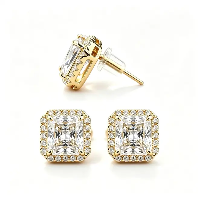 Hip Hop Princess Cut Square Halo Stud Earrings - Unisex S925 Silver Bussdown Bling,Iced Out Princess Cut Halo Studs - Pink & Clear Big Sparkle S925 Silver Earrings d color vvs1 synthetic moissanite