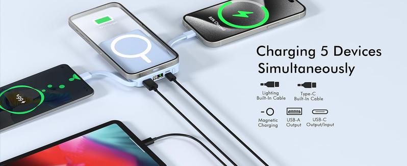 Podoru for iPhone Power Bank, for MagSafe Battery Pack 10000mAh Magnetic Travel Charger Built-in USB-C Lighting Cable for iPhone17/16/15/14/13/12 Series