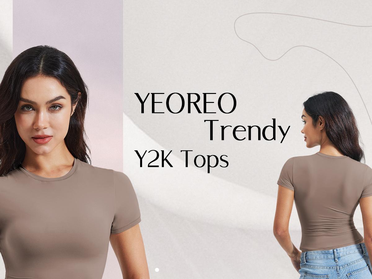 YEOREO Women Fitted Workout Tops Short Sleeve Double Lined Basic Y2K Going Out Crew Neck Compression Crop Top SpringStatements Style