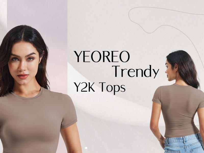 YEOREO Women Fitted Workout Tops Short Sleeve Double Lined Basic Y2K Going Out Crew Neck Compression Crop Top