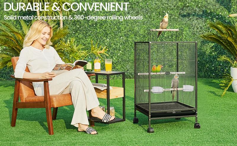 Yaheetech  35-Inch Wrought Iron Bird Cage with Rolling Stand Open-top Parrot Cage For Small-sized Birds Black