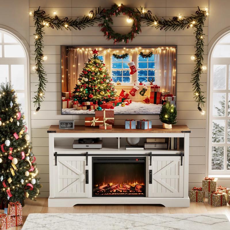 OKD 60" Rustic TV Stand – Electric Fireplace Mantel with 23" Freestanding Heater, Rolling Barn Door, Storage Cabinets, Remote-Controlled 3D Flame Effects