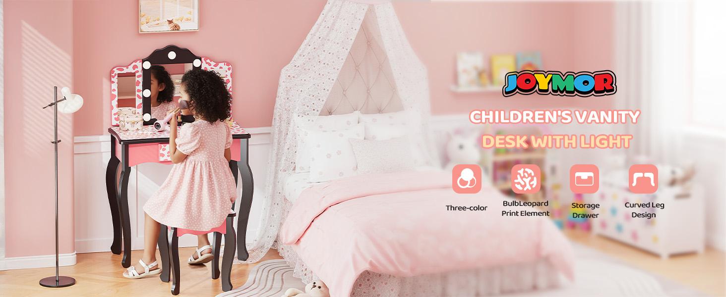 JOYMOR Kids Vanity Table and Chair Set, Girls Vanity with Leopard Print, Tri-Fold Mirror & Lights, Princess Makeup Desk for Girls, Pink