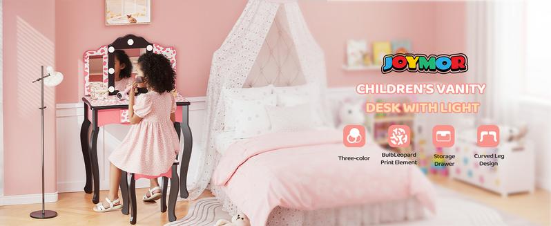 JOYMOR Kids Vanity Table and Chair Set, Girls Vanity with Leopard Print, Tri-Fold Mirror & Lights, Princess Makeup Desk for Girls, Pink