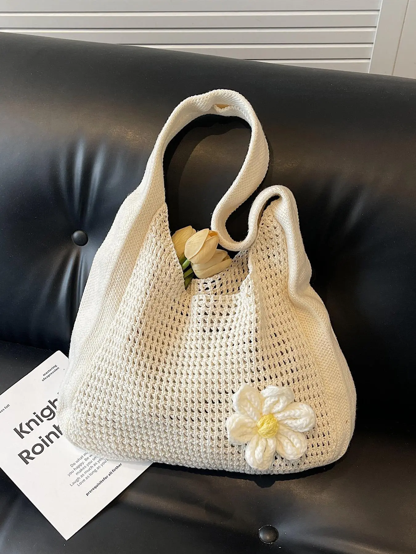 Women's Solid Color Straw Bag with Flower Decor, Fashionable Crochet Shoulder Bag Crossbody for Daily Used, Casual Trendy Versatile High-quality Daily Commuting Bag, Stylish Versatile Bag, Casual Trendy Purses, Casual Crossbody Bags