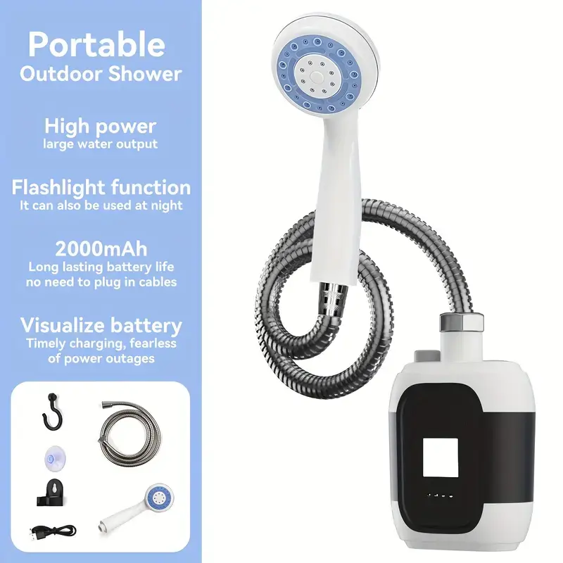 Compact Portable Handheld Shower Head with 2000mAh Shower Pump - Camping Equipment, Outdoor Camping Shower for Family Trips, Garden Use, Household Appliance Needs