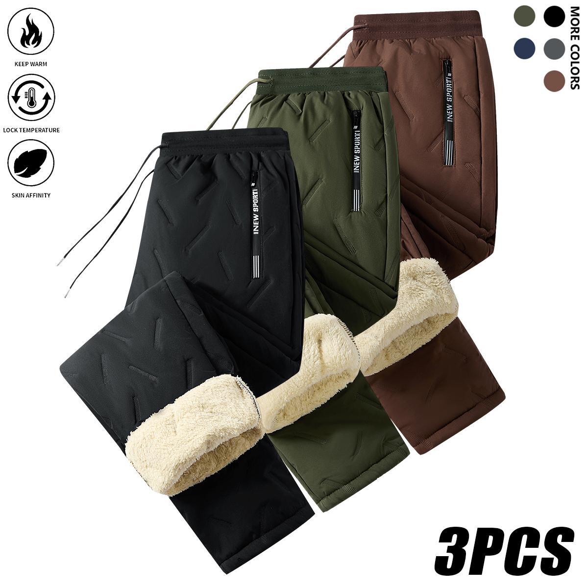 Men's Warm Winter Pants Set - 3 Pack Thick Cotton Trousers with Drawstring Waistband, Black Cold-Resistant for Daily and Formal Wear, Side Pockets - Suitable for Office Work and Outdoor Activities solid drawstring waist sweatpants wind  proof  pants mens