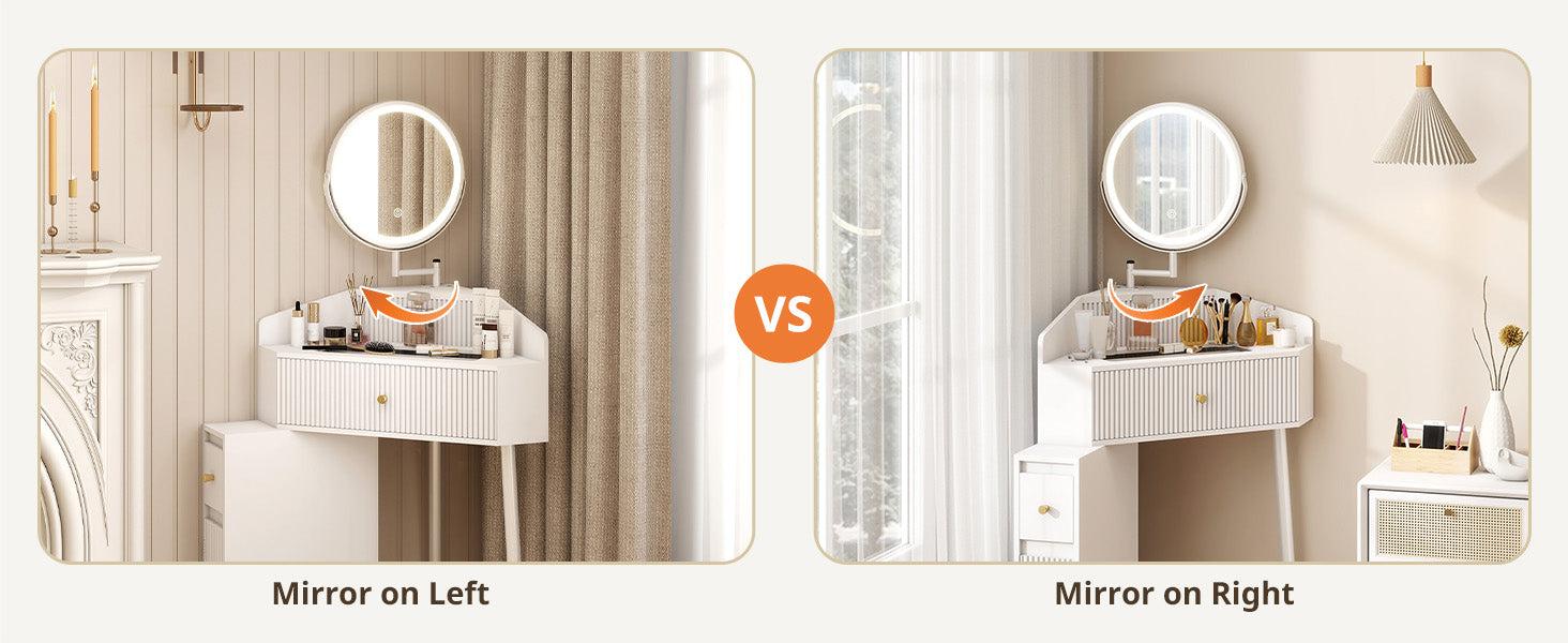 Corner Makeup Vanity Desk with Retractable and Rotating Mirror and Lights Small Modern White Makeup Vanity Set with Glass Top for Women Compact Girls Dressing Table with Drawer for Small Space MVD8004 Corner Makeup Vanity Desk with Retractable and Rotating Mirror and Lights Small Modern White Makeup Vanity Set with Glass Top for Women Compact Girls Dressing Table with Drawer for Small Space MVD8004