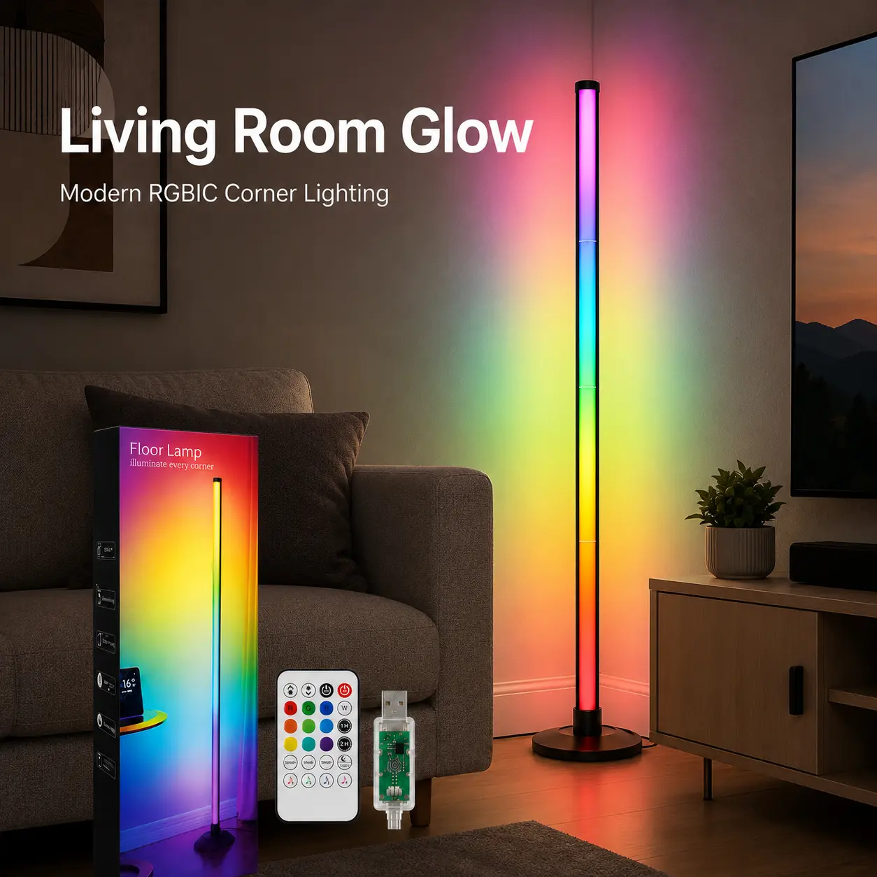 48 in RGBIC Corner Floor LED Lamp with App & Remote Control, Music Sync, Dimmable USB Power, RGB Colors, Corner Placement for Bedroom, Gaming Room (LED Lights, Lights for Bedroom), Bedroom Decor, Living Room Decor