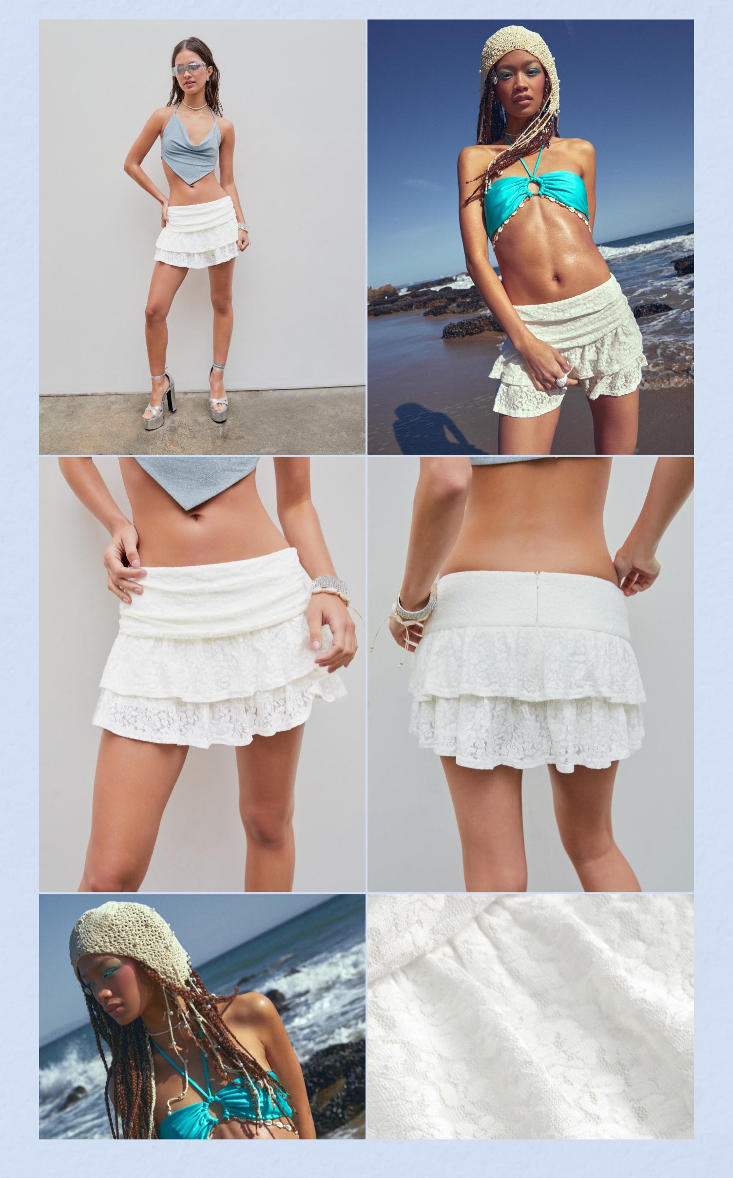 Cider Stretchy Built-in Shorts Lace Mini Skirt, Cute Under Sweater Layered Skirt, Y2K Vintage Floral Ruched Hem