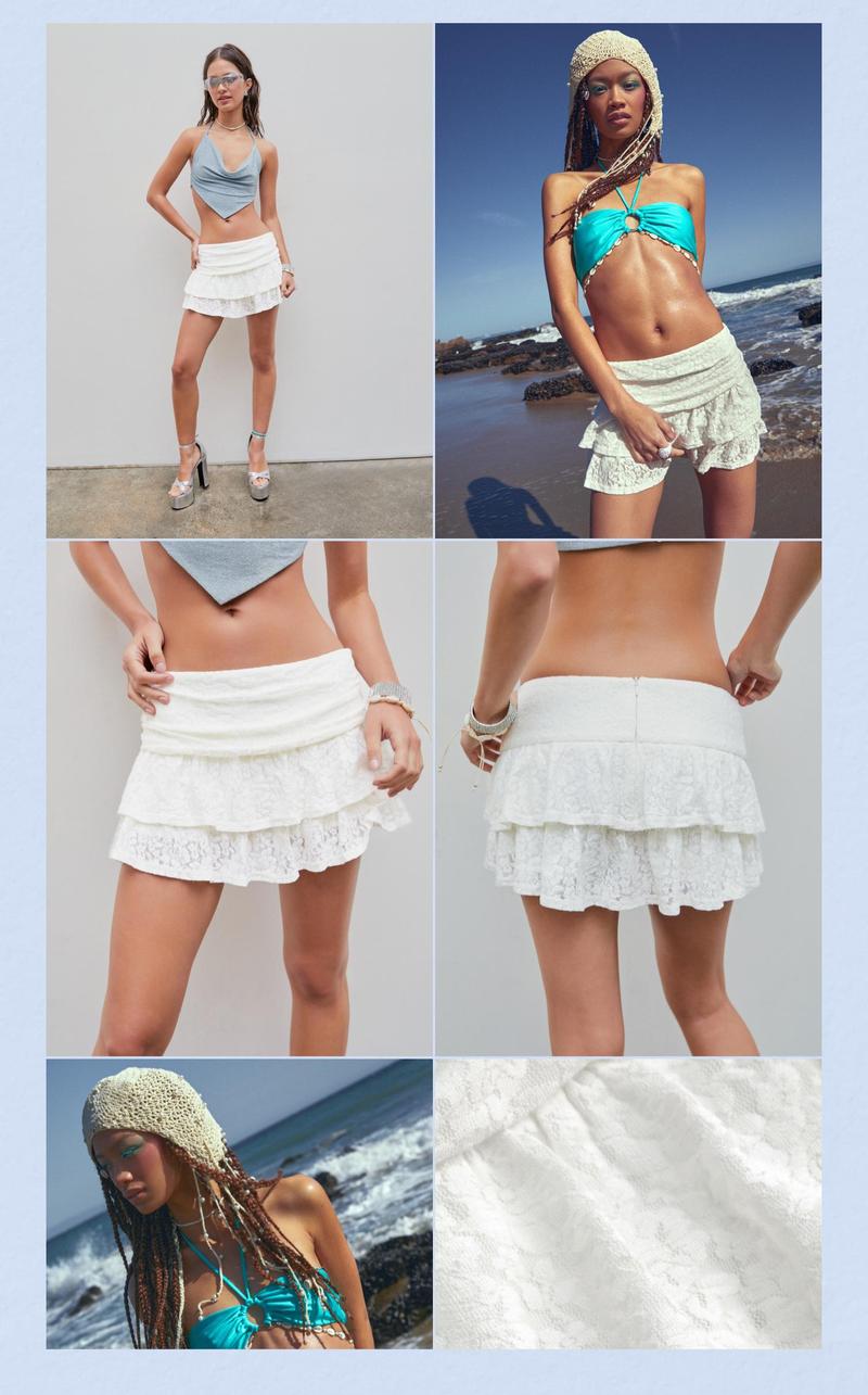 Cider Stretchy Built-in Shorts Lace Mini Skirt, Cute Under Sweater Layered Skirt, Y2K Vintage Floral Ruched Hem