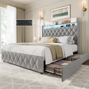 King Size Bed Frame with 50.8 in Tall Headboard, Platform Velvet Upholstered Bed Frame with 4 Storage Drawers, USB Charging Station, Led Lights, Grey