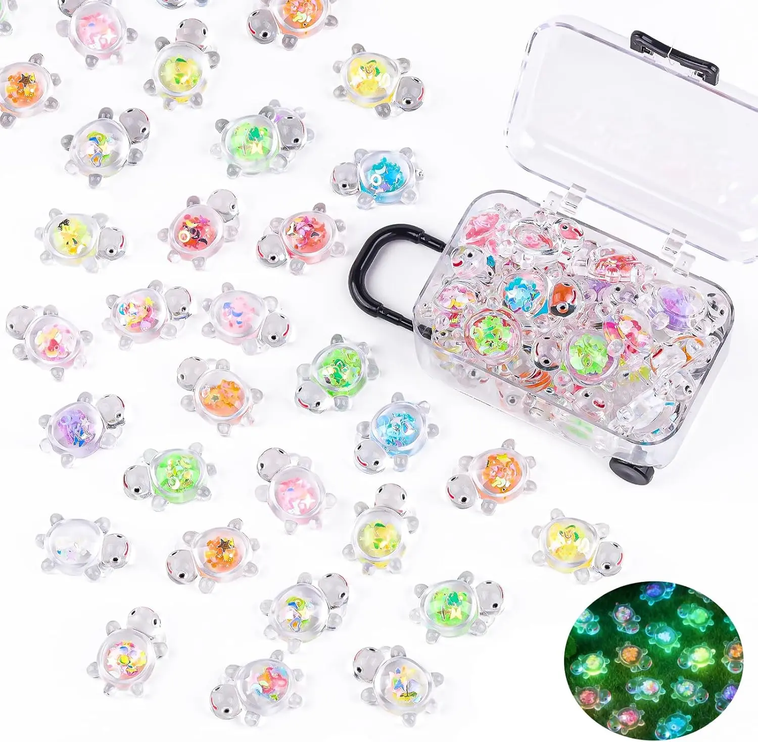 Anboor 30PCS Glow-in-the-Dark Resin Turtle Figurine Set with 1 PC Suitcase Box, Sequined Mini Luminous Animals for Party Favors, Collectors, Treasure Hunt, Aquarium Decor & Bedtime Atmosphere, Fairy Garden Accents