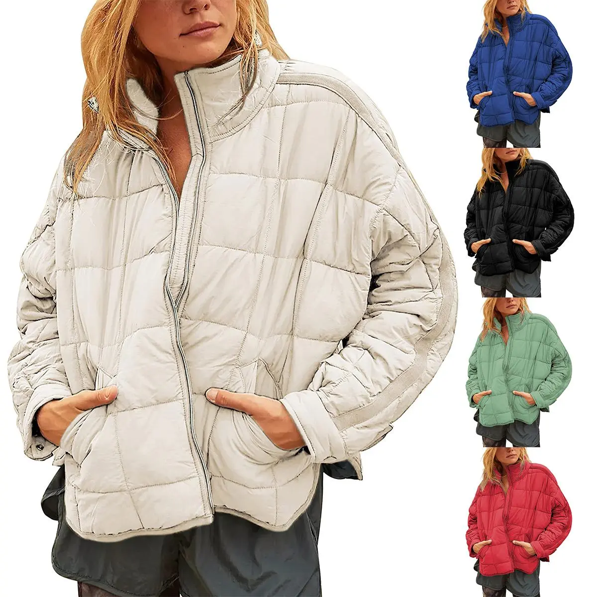 JovenPara Women's Oversized Quilted Lightweight Puffer Jacket - 100% Nylon Down Outerwear, Casual Long-Sleeve Padded Top with Side Pockets