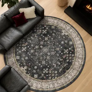Black Boho Living Room Circle Rug - Washable Dark Vintage Moody Low Pile Non Slip Round Carpet for Bedroom Dinning Room Office Farmhouse Circular Area Rug Indoor Décor