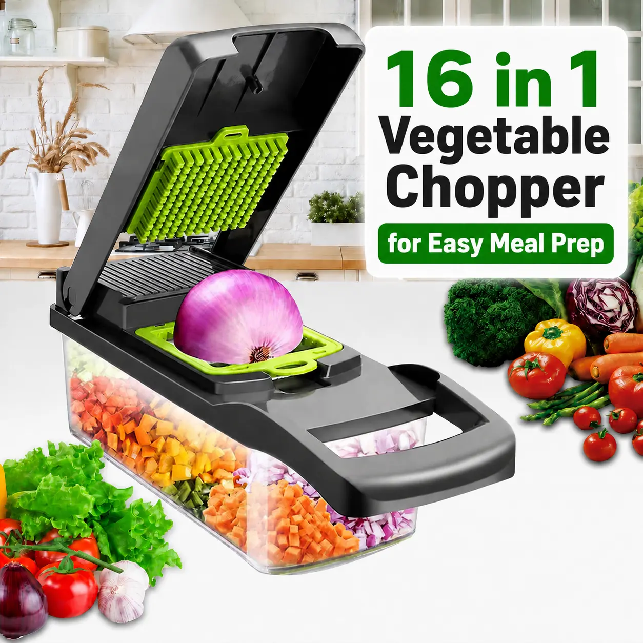 MIUVA 16-in-1 Manual Vegetable Chopper Mandoline Slicer - ABS Multi-Blade Set with 7 Replaceable Blades, Meal Prep Tool for Family & Single Unit Use, Kitchen Essential for Fruits, Salads