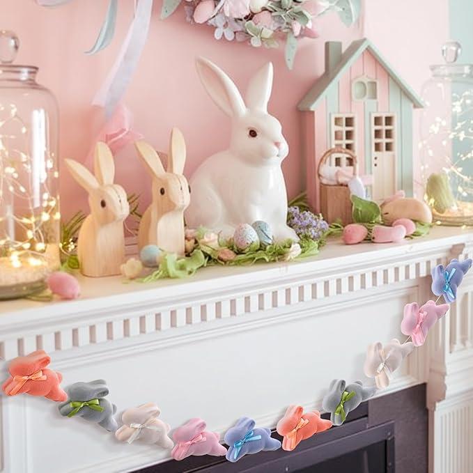 Easter Bunny Garland Banner with Wood Beads for Easter Decor, Rustic Rabbits Hanging Garland for Mantle Fireplace Shelf Wall Display Spring Home Decor, Shamrock Garland for St. Patrick's Day Luck Of The Irish Green Decor, Indoor Party Supplies & Gifts