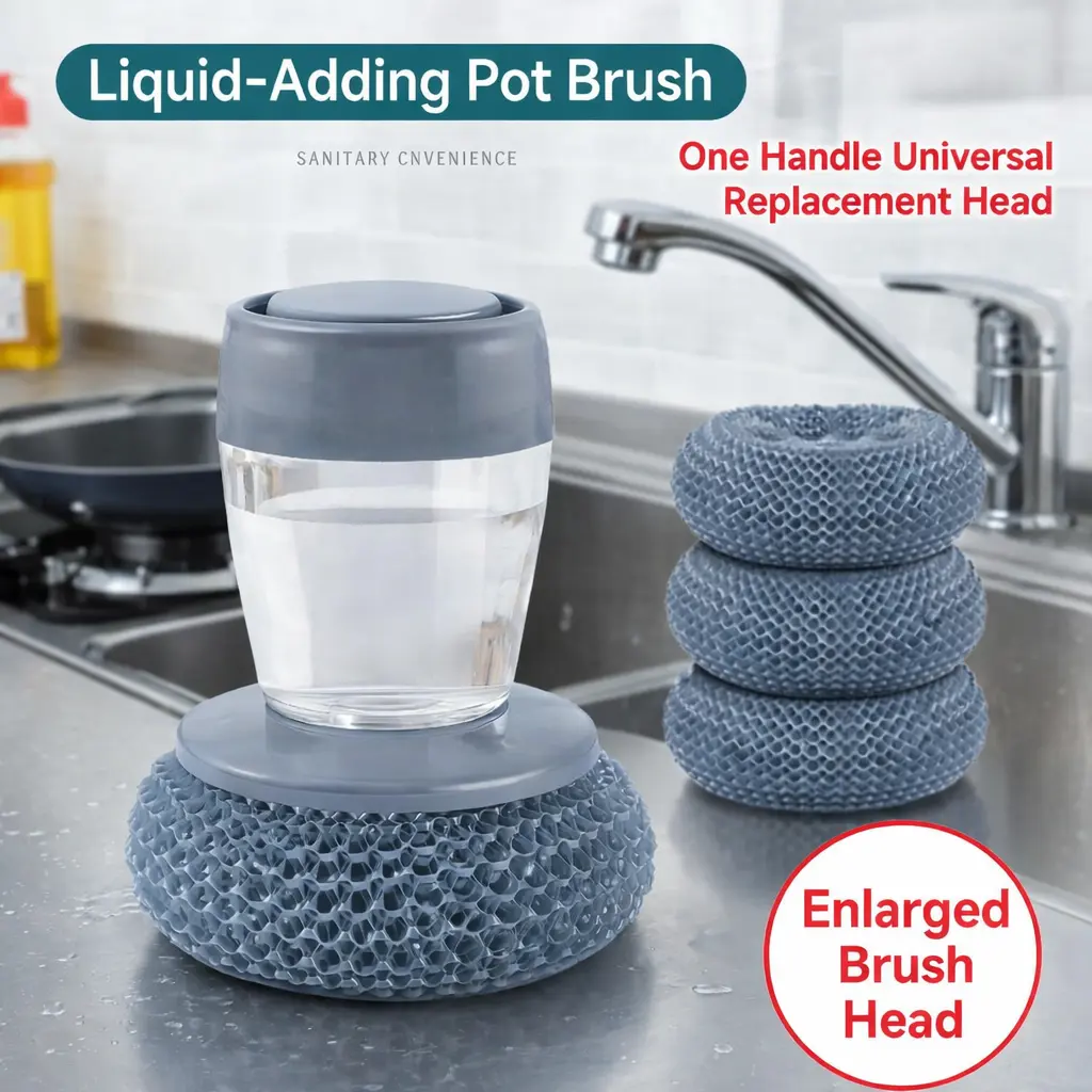 Automatic Liquid Filling Palm Cleaning Brush with Ergonomic Handle Durable Bristles Easy Refill Multi-Purpose Kitchen Tool for Pots Bowls Sinks