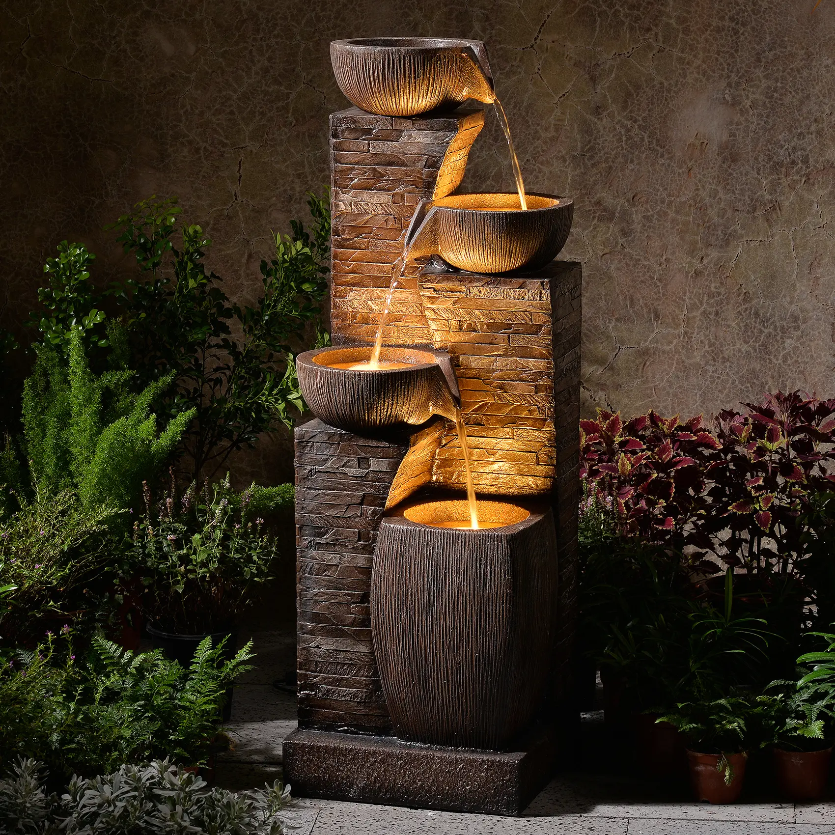 38.2" Tall Modern 4-Tier Cascading Bowl & Stacked Stone Fountain with LED Lights, Indoor-Outdoor Fountains & Bird Baths for Patio, Backyard Home Art Decor