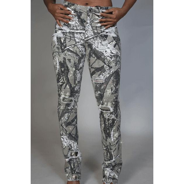 Kelle Tree Camo Rhinestone Stacked Jean