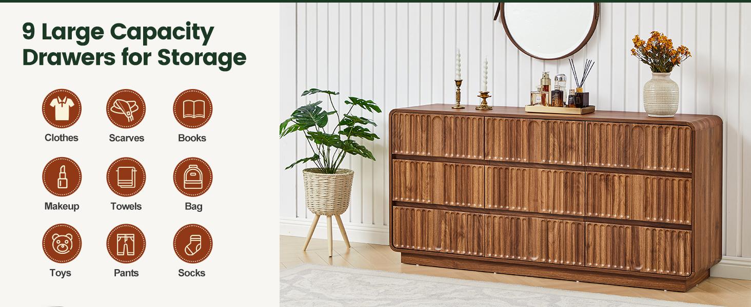 Giratree 60'' Modern Fluted 9-Drawer Dresser, Curved-Corner Wood Chest for Bedroom Storage — Also Works as a Stylish TV Stand