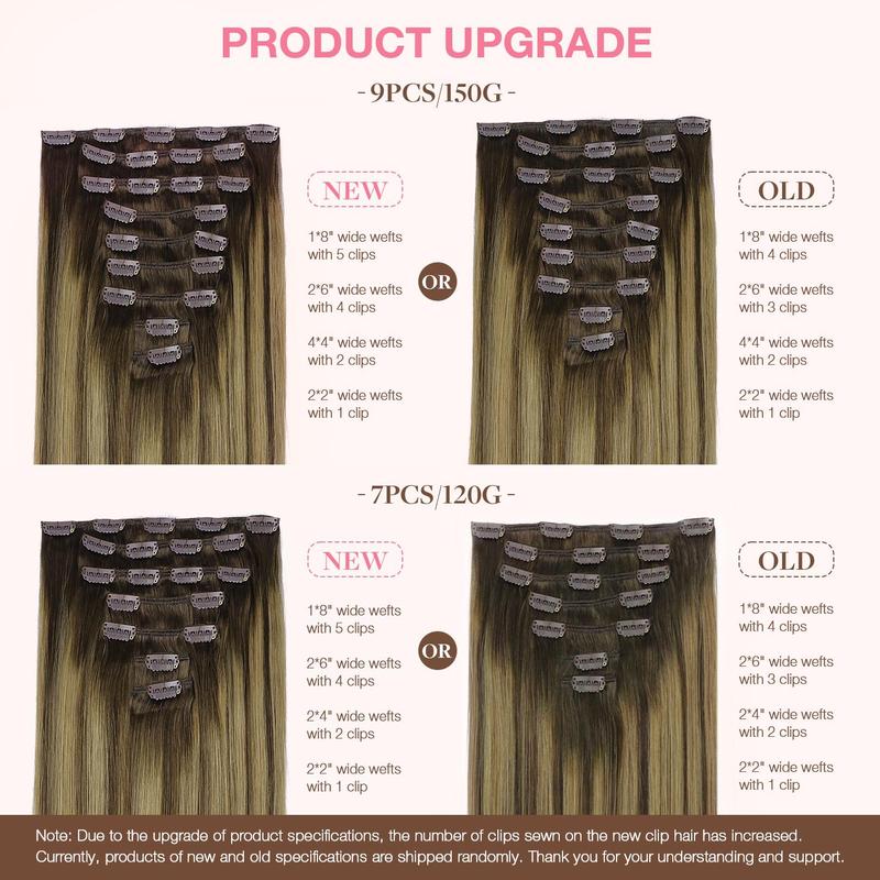 GOO GOO Clip in Human Hair Extensions Premium Quality Straight Remy Hair, 14-24inch  7/9pcs 120-170g, Quick Wear