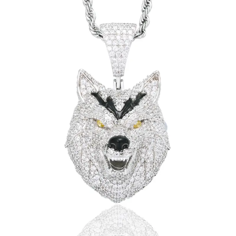 UCCIYO S925 Sterling Silver Wolf Head Pendant Necklace, Synthetic Moissanite Unisex Decorative Necklace and Chain, Ideal for Engagement, Anniversary Hip Hop Jewelry Gift【#P776】, Casual