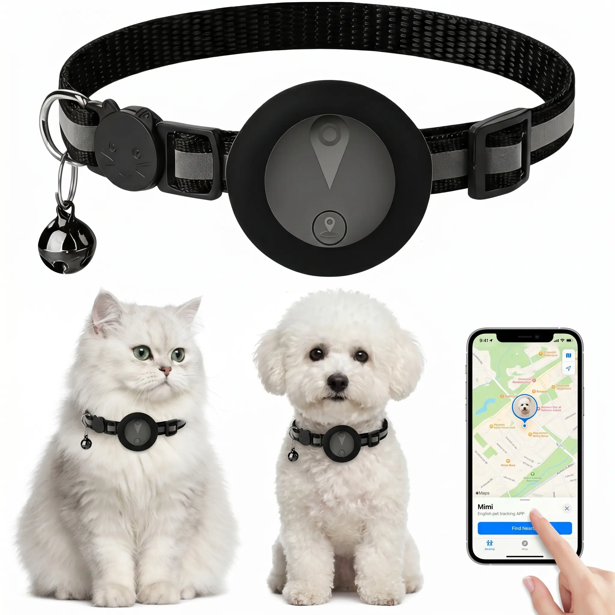 GPS tracker for cats and dogs, smart collar with real-time location tracking, no monthly fees, compatible with iOS “Find My” feature, adjustable pet activity tracker with 360-degree reflective strip, suitable for small, medium, and large pets