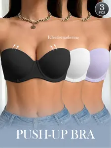 Ecomilky 3-Pack Women's Strapless Bra with Half Cups Push-Up Effect Detachable Shoulder Straps Anti-Sagging Comfortable Support Minimalist Basic Womenswear Everyday